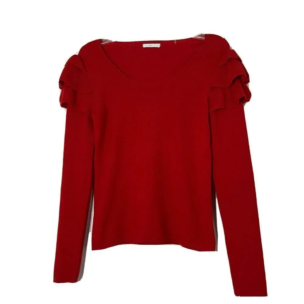 Badgley Mischka Red Wool knit ruffle sleeve detail round neck sweater size small
